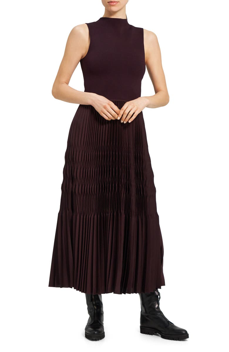 Theory Pleated Satin Midi Dress, Alternate, color, 