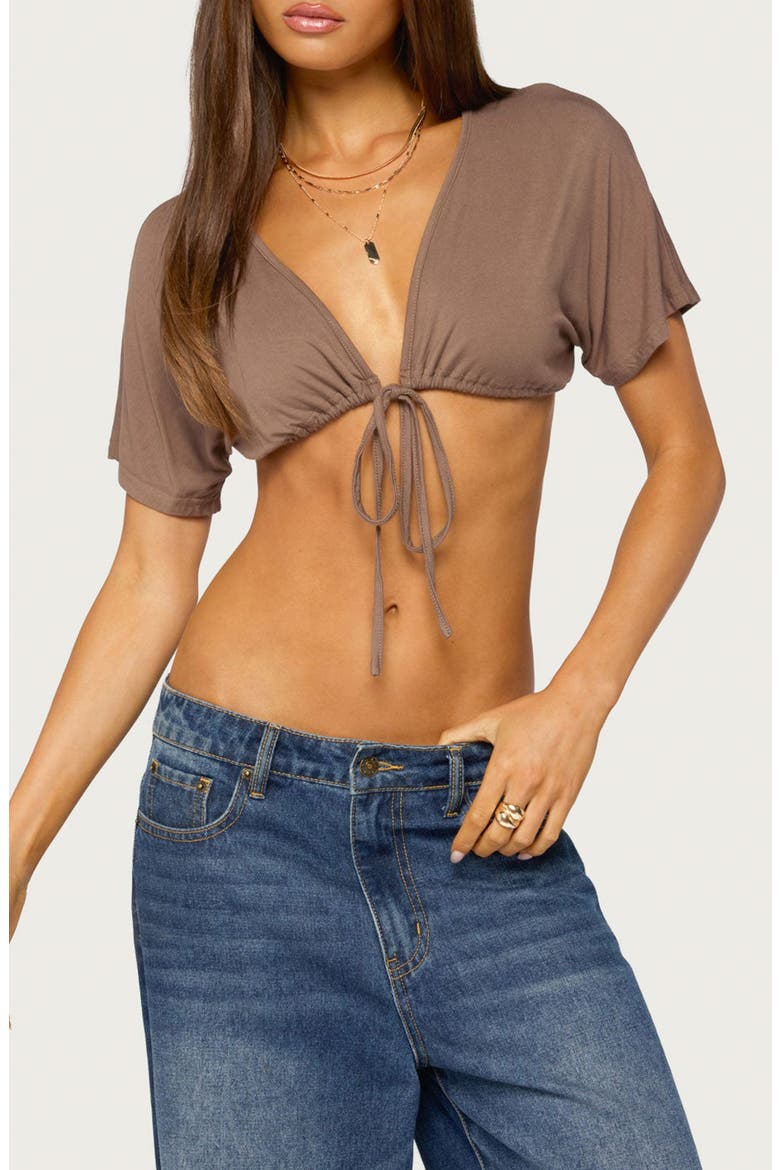 Micky Tie Front V-Neck Crop Top, Main, color, BROWN