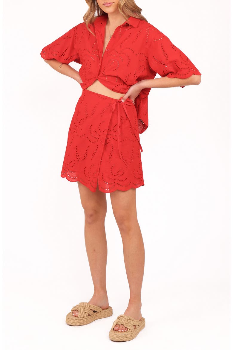 Gallie Cotton Eyelet Button-Up Shirt & Wrap Skirt Set, Alternate, color, RED
