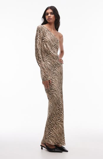 Topshop One Shoulder Bias Cut Maxi Dress In Tiger Jacquard-brown