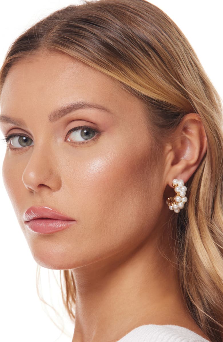 Kenneth Jay Lane Faux Pearl Cluster Hoop Earrings, Alternate, color, Gold