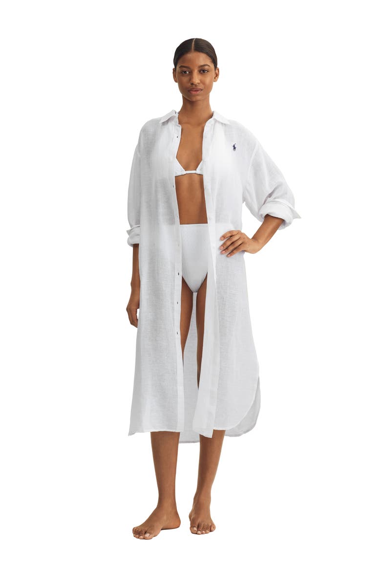 Maxi Organic Cotton & Linen Cover-Up Shirtdress, Alternate, color, CREAM WHT