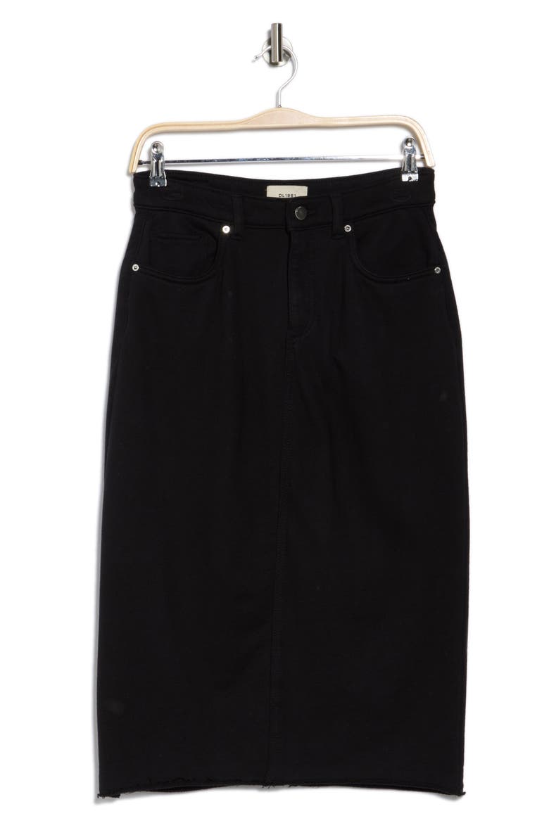 Alma Raw Hem Denim Midi Skirt, Alternate, color, BLACK