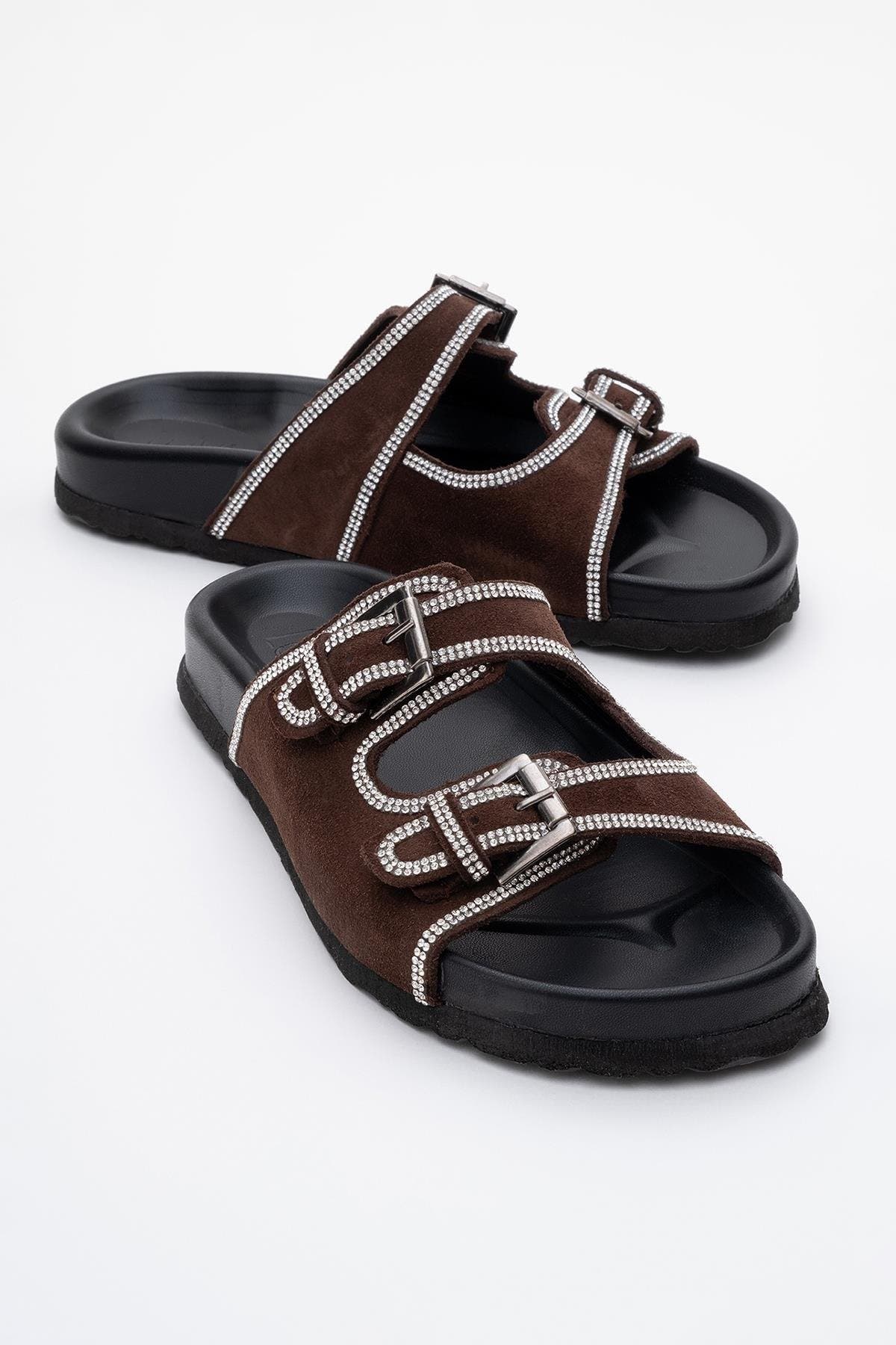Allen Rhinestone Leather Slide Sandal, Main, color, Brown Suede Leather