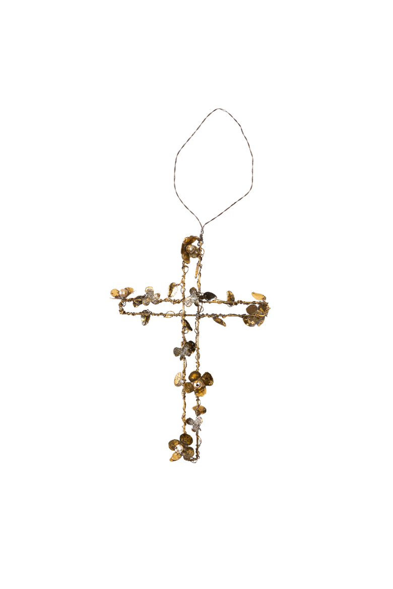 Wire Hanging Embellished Cross Spring Wall Art Home Decoration, Main, color, Gold