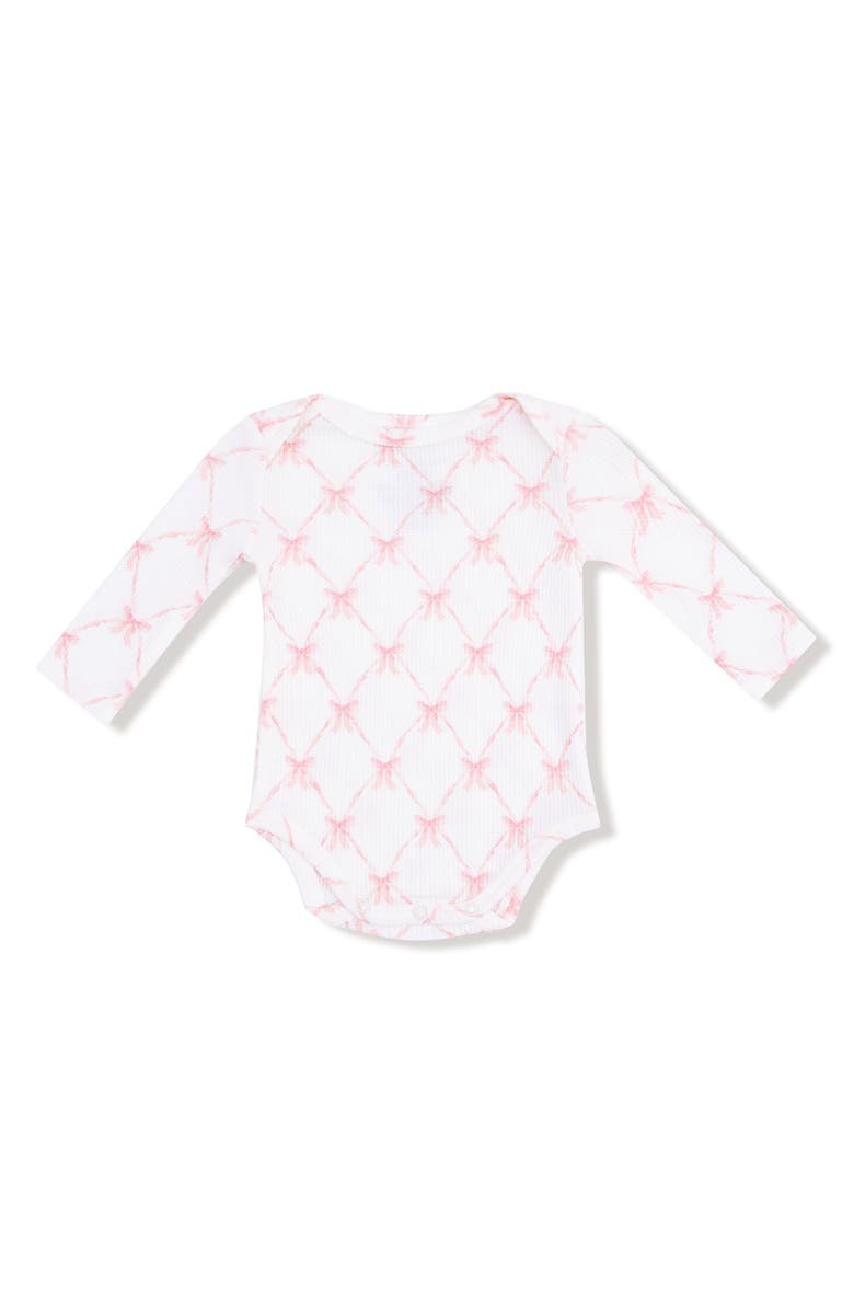 Angel Dear Ribbon Bow Trellis Print Long Sleeve Bodysuit, Main, color, White/Light Pink
