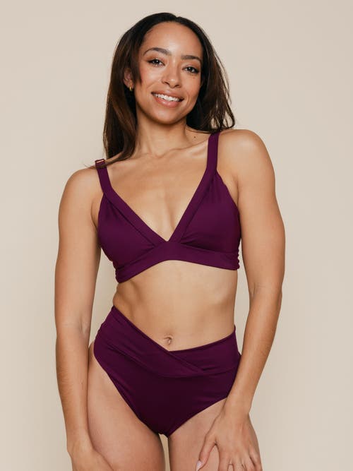 Kitty And Vibe High Hip Crossover Bikini Bottom With Full Coverage In Sangria