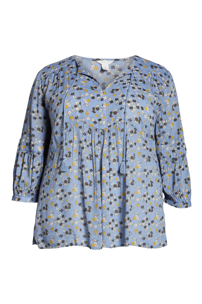 Split Neck Print Blouse, Alternate, color, BLUE DESERT BLOOM TINY PRINT