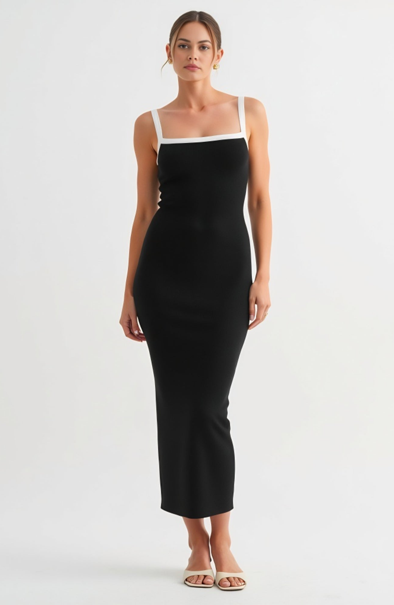 Modenaire Square Neck Contrast Trim Fitted Midi Dress, Main, color, Black / White