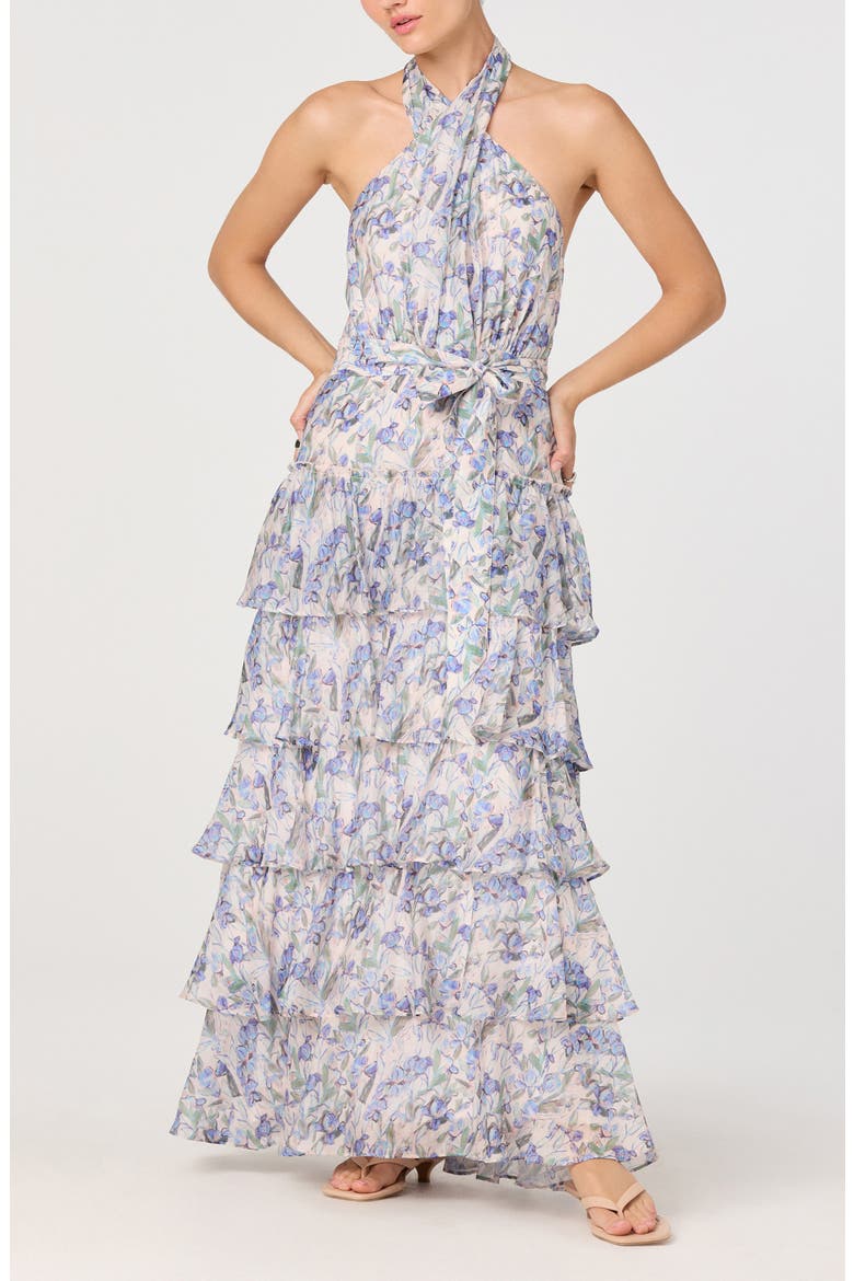 Adamaris Halter Tiered Ruffle Gown, Alternate, color, BLUE FLORAL