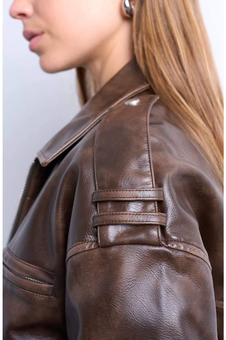 Faux Leather Ovoid Sleeve Bomber Jacket, Alternate, color, BROWN