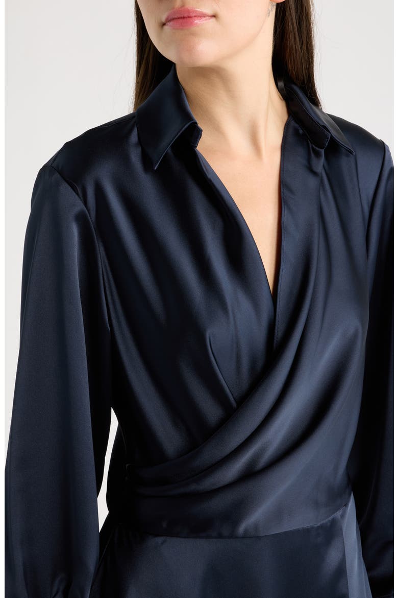 Spread Collar Long Sleeve Satin Gown, Alternate, color, NAVY
