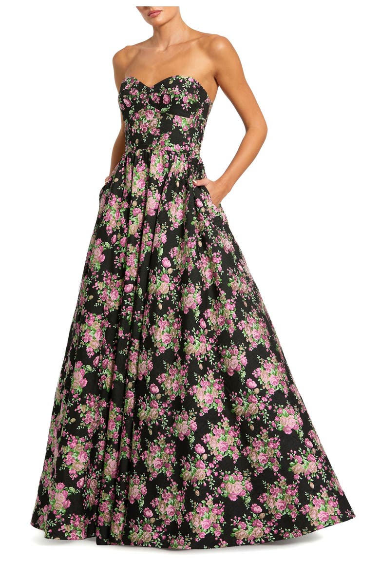 Mac Duggal Strapless Sweetheart Brocade Floral A Line Gown, Main, color, Black Multi