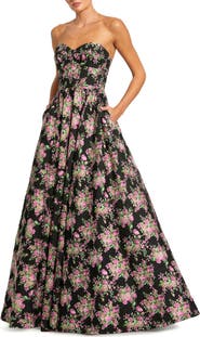 Mac Duggal Strapless Sweetheart Brocade Floral A Line Gown