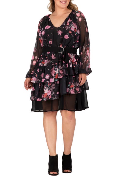 Floral Print Belted Long Sleeve Chiffon Dress (Plus Size)