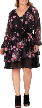 Standards & Practices Floral Print Belted Long Sleeve Chiffon Dress