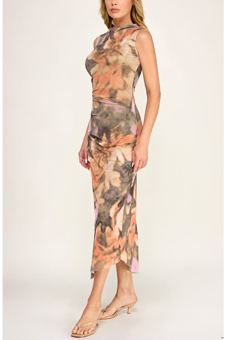 Floral Shirred Mesh Dress, Alternate, color, BROWN/ RUST