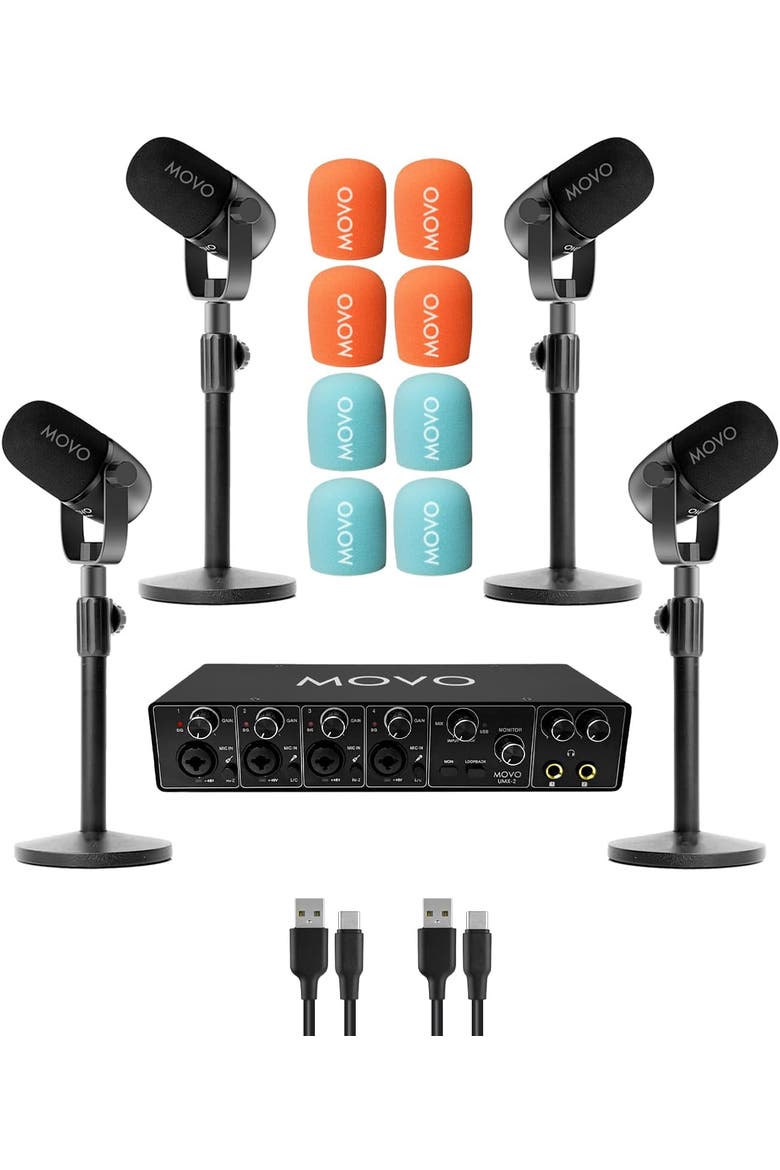 Four Person Podcast Bundle with 4 Channel USB Audio Interface, 4 CastMic Microphones, and 4 Tabletop Stands, Main, color, Black
