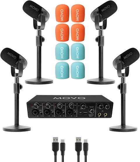 Four Person Podcast Bundle with 4 Channel USB Audio Interface, 4 CastMic Microphones, and 4 Tabletop Stands