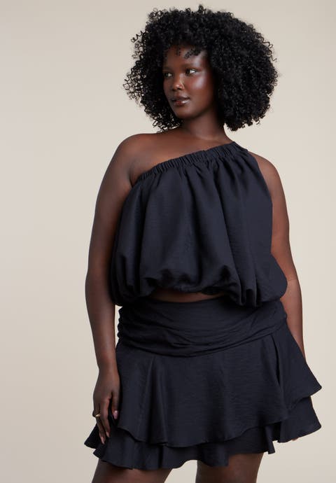 Knotted Asymmetric Crinkle Satin Top (Plus)