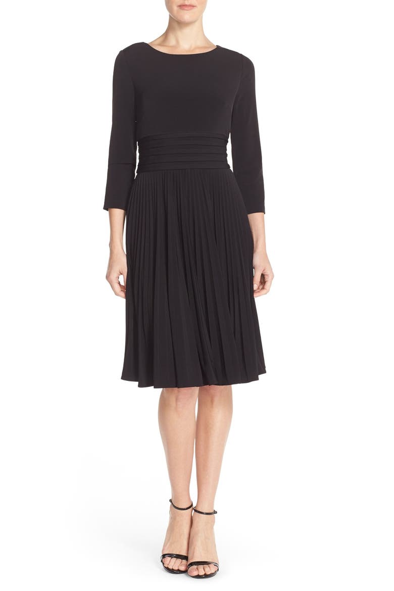 Pleated Jersey Fit & Flare Dress, Alternate, color, BLACK