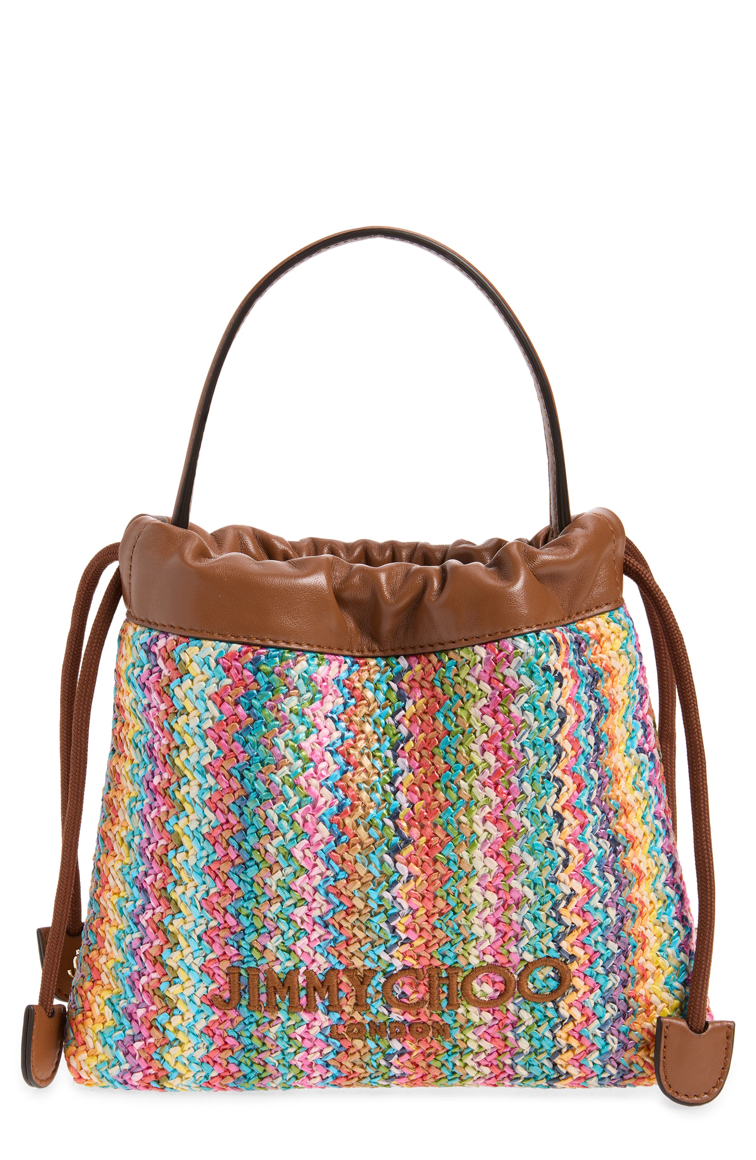 Jimmy Choo Chevron Raffia Drawstring Pouch, Main, color, Multi/ Tan/ Light Gold