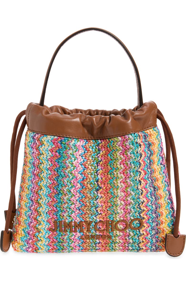 Jimmy Choo Chevron Raffia Drawstring Pouch, Main, color, Multi/ Tan/ Light Gold