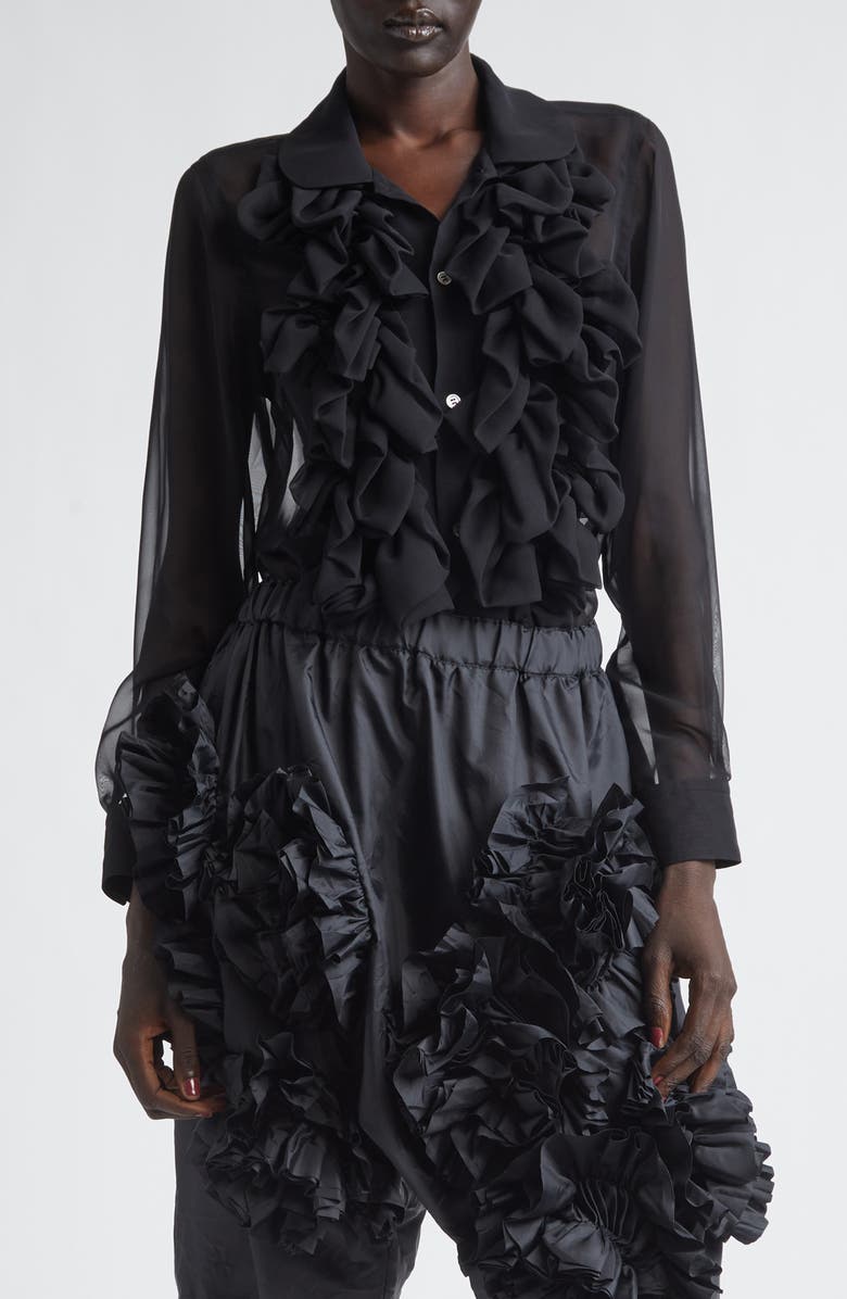Comme des Garçons Comme des Garçons Ruffle Sheer Crepe Button-Up Shirt, Main, color, Black