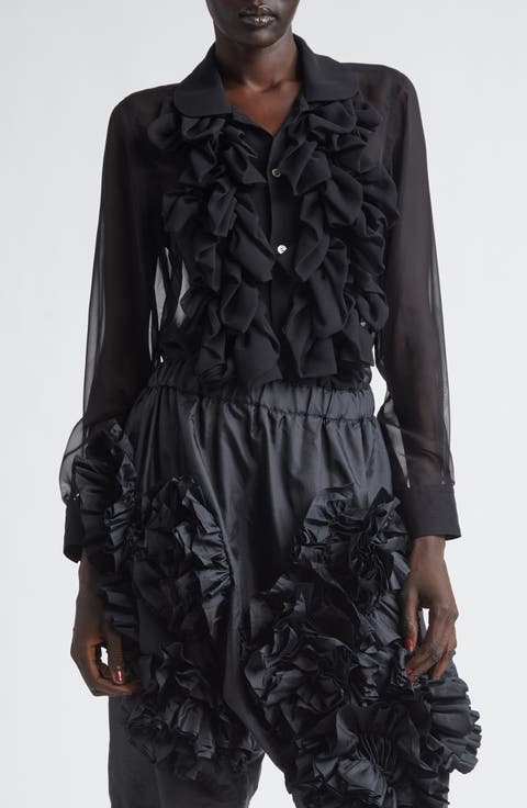 Ruffle Sheer Crepe Button-Up Shirt