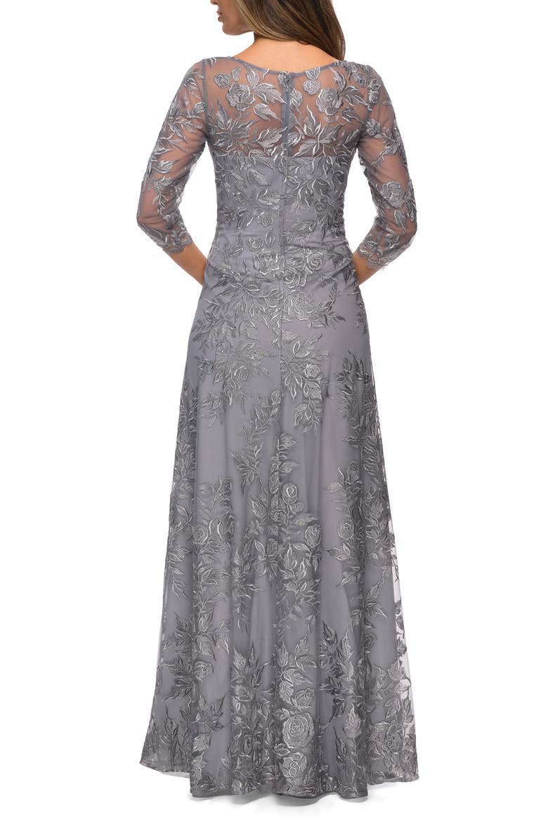 Long Lace A-line Three Quarter Sleeve Gown, Alternate, color, Silver
