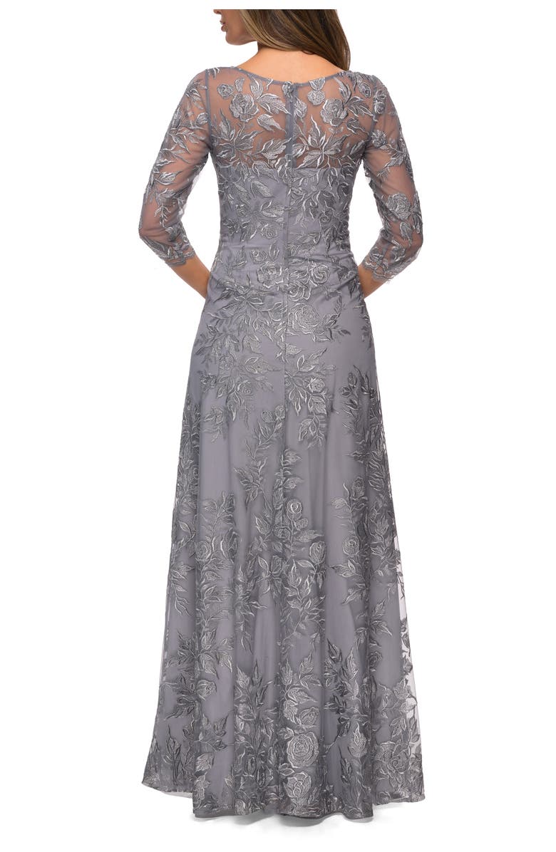 La Femme Long Lace A-line Three Quarter Sleeve Gown, Alternate, color, Silver