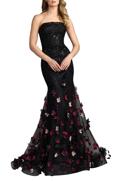 Strapless Embellished Mermaid Gown With 3D Floral Hem