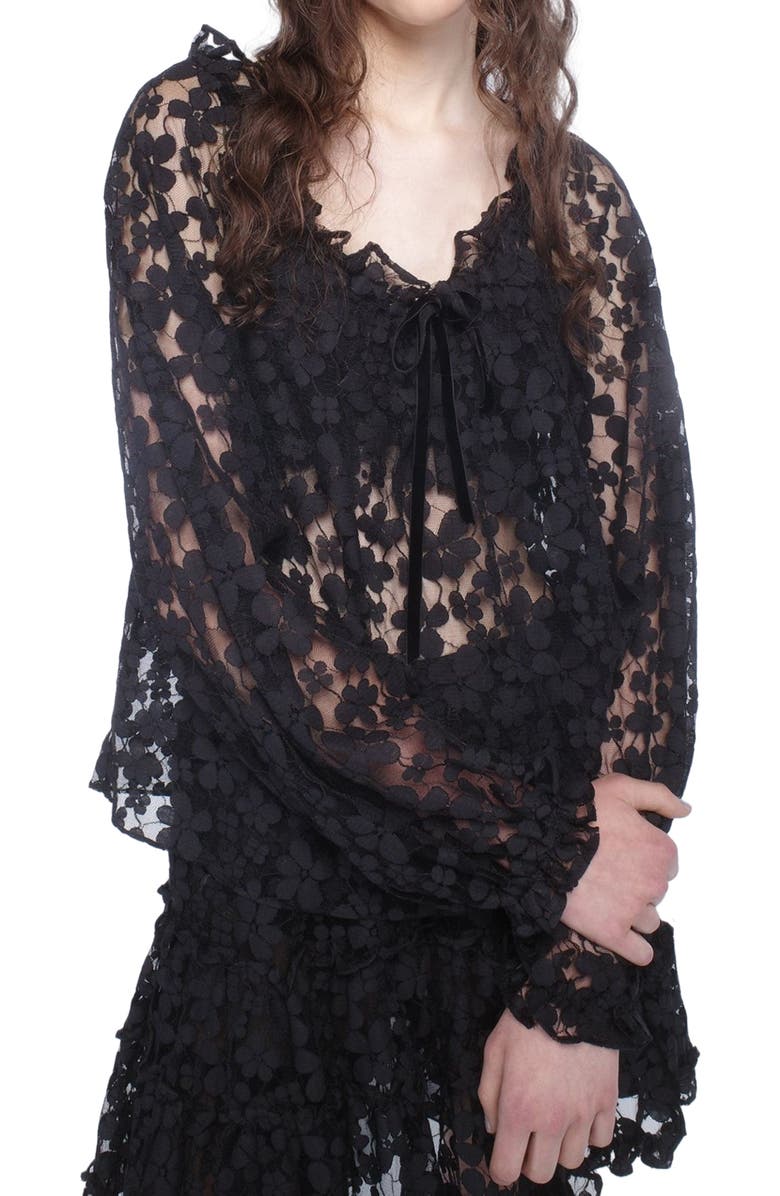 Anna Sui Shadow Blossom Tulle Elastic Lace Blouse, Alternate, color, Black