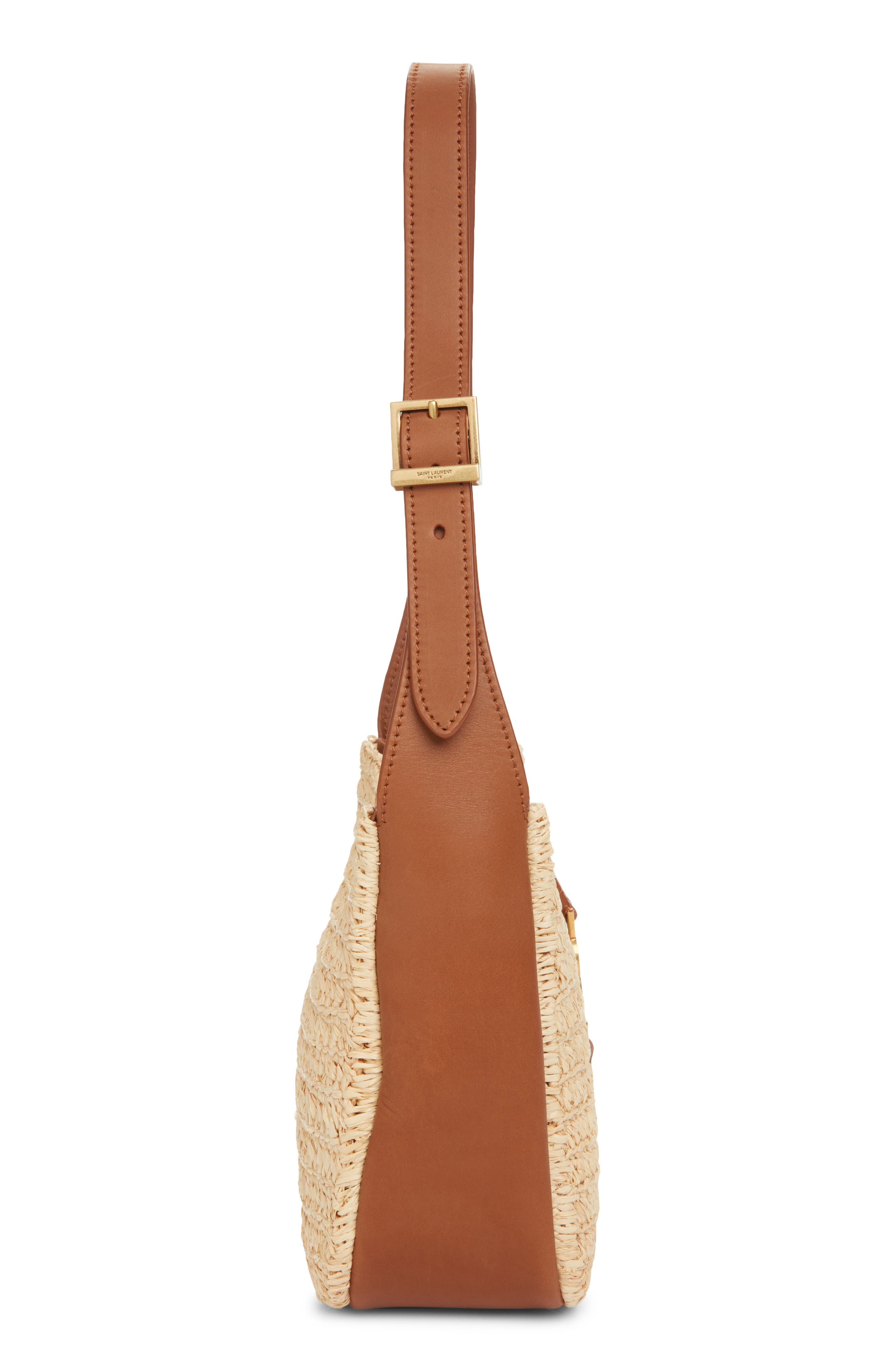 Saint Laurent Baby Le 5 À 7 Raffia & Leather Shoulder Bag, Alternate, color, Naturel/ Brick