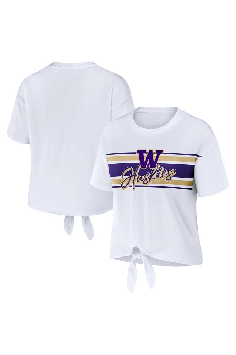 Women's WEAR by Erin Andrews White Washington Huskies Striped Front Knot Cropped T-Shirt, Main, color, White