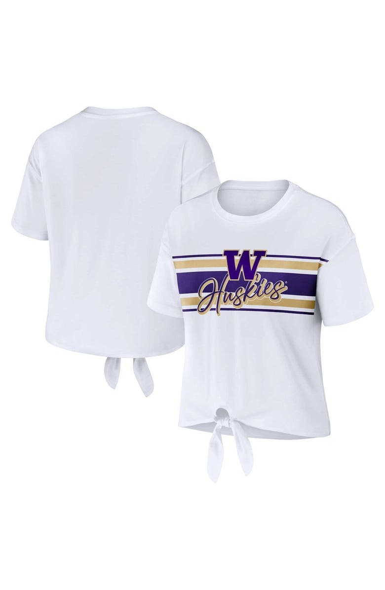 WEAR by Erin Andrews Women's WEAR by Erin Andrews White Washington Huskies Striped Front Knot Cropped T-Shirt, Main, color, White