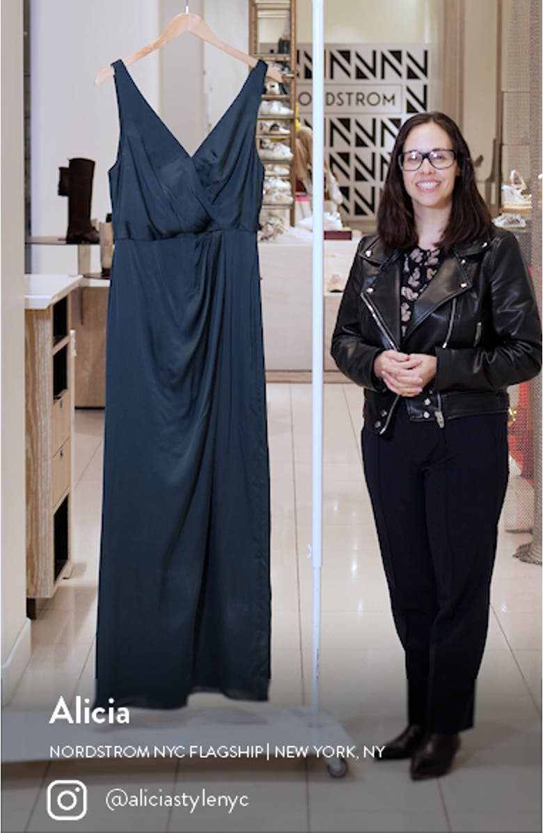 Sleeveless Satin Faux Wrap Gown, sales video thumbnail