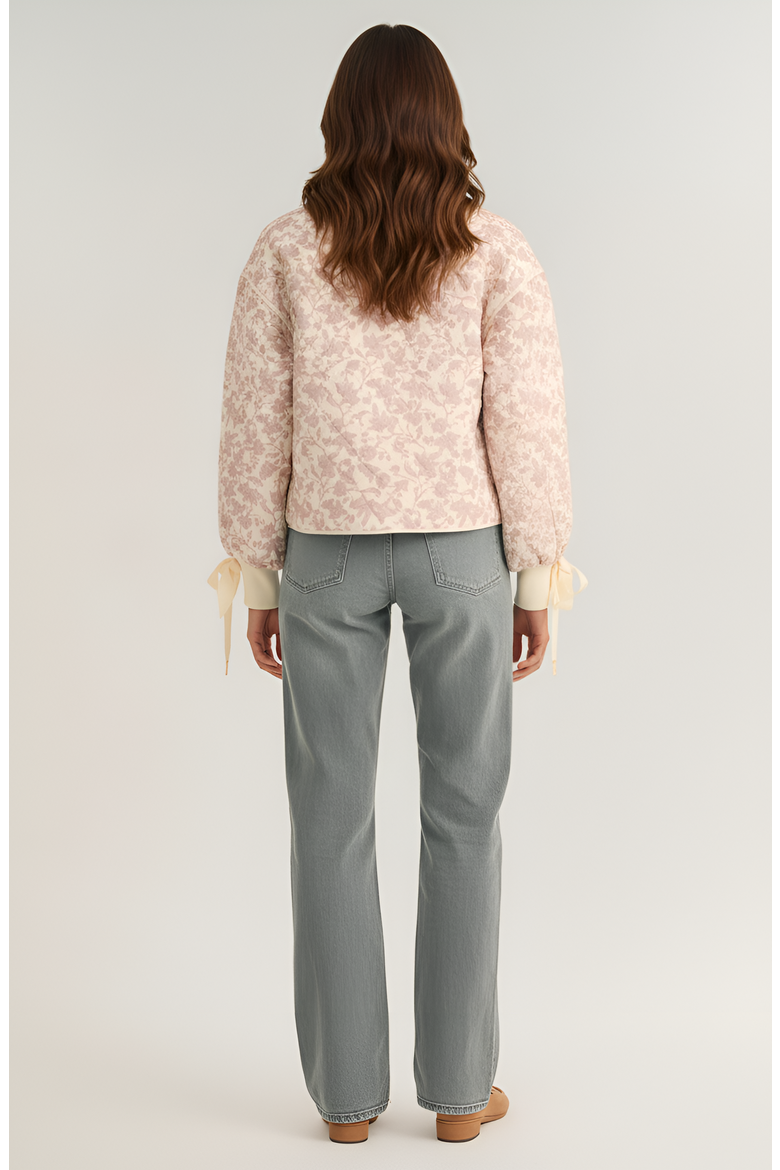 Floral Quilted Jacket with Puff Sleeves and Satin Bow Cuffs, Alternate, color, Light Pink Floral