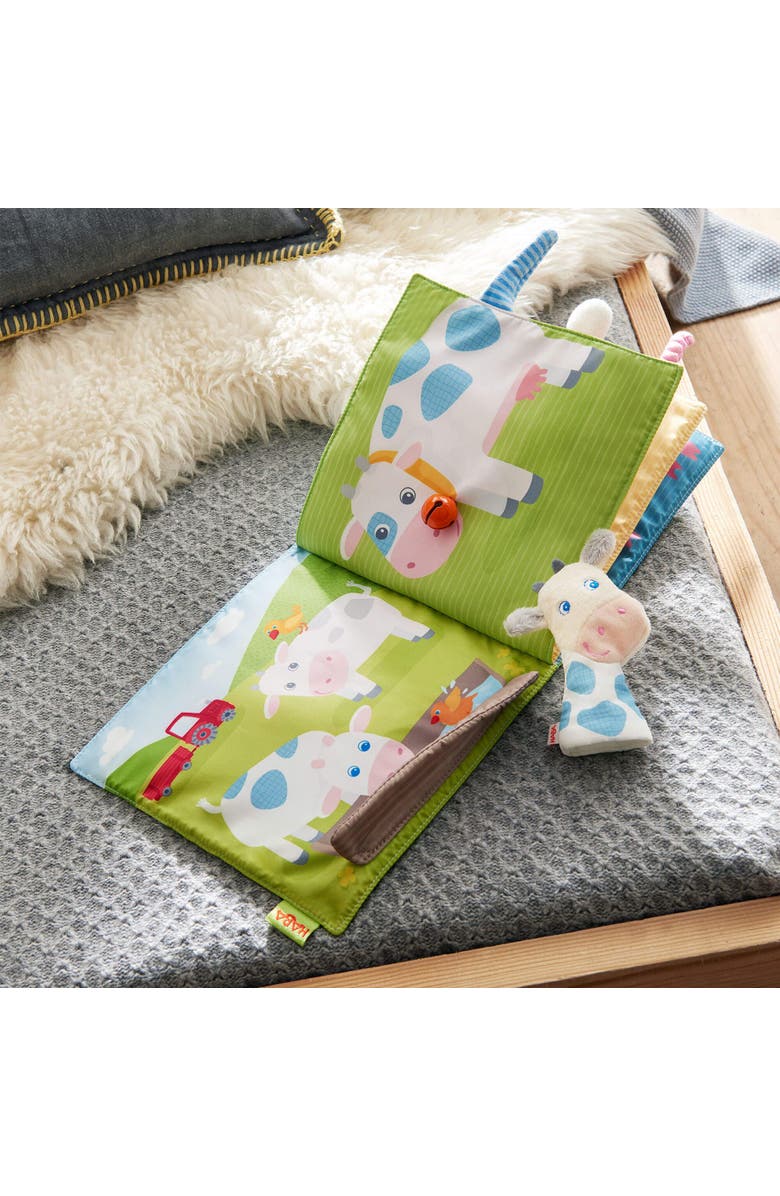 HABA Busy Book for Babies 6-12 months, Farm Fabric Book with Finger Puppet for Babies, Sensory Book for 6-12 Months, Alternate, color, Red Multi