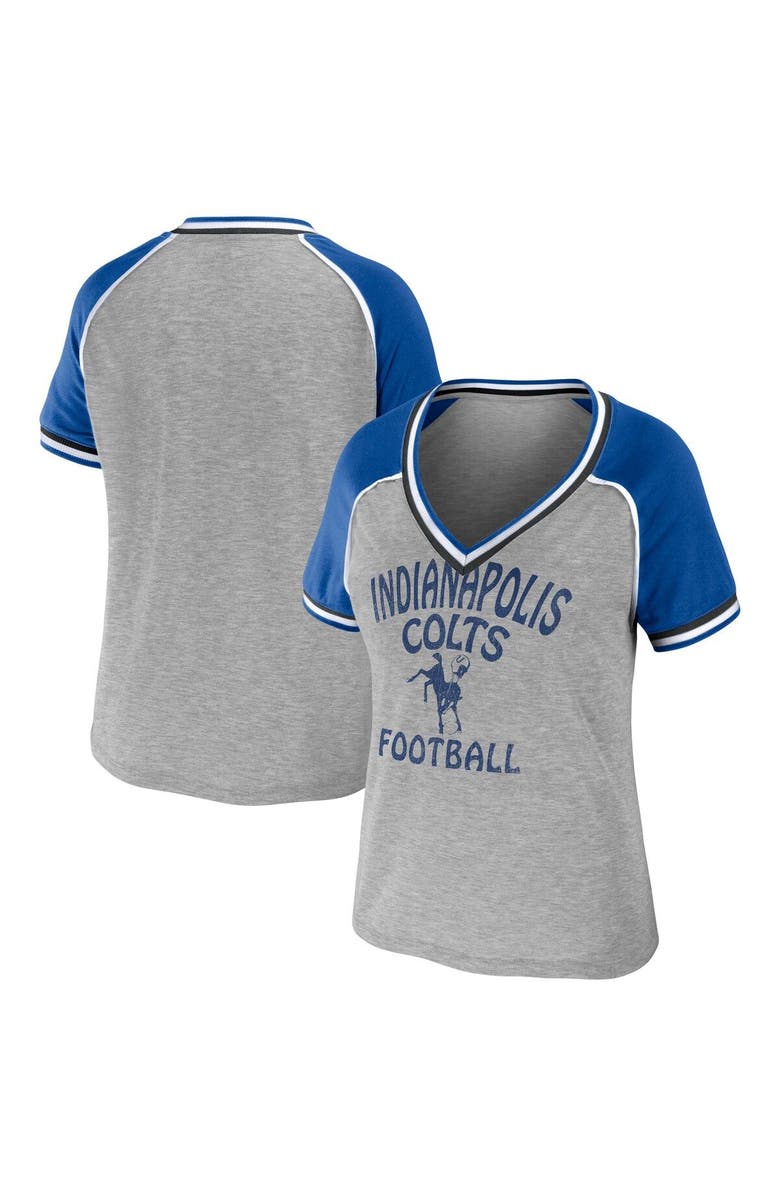 WEAR by Erin Andrews Women's WEAR by Erin Andrews Heather Gray Indianapolis Colts Cropped Raglan Throwback V-Neck T-Shirt, Main, color, Heather Gray