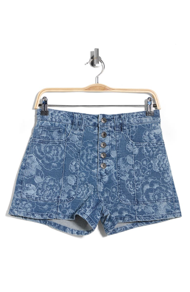 JASON WU Floral Button Fly Denim Shorts, Alternate, color, Dark Wash Sketched Floral
