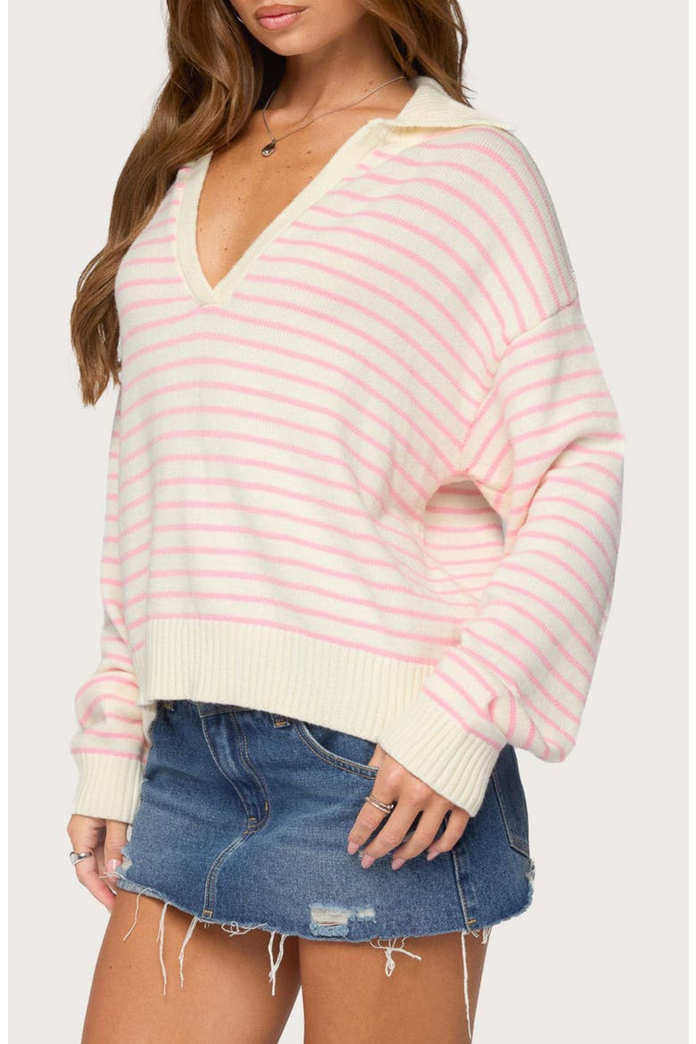 Copenhagen Oversized Striped V-Neck Sweater, Alternate, color, CREAM-AND-PINK