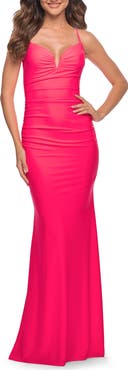 La Femme Neon Stunning Luxe Jersey Dress with Deep V Neckline