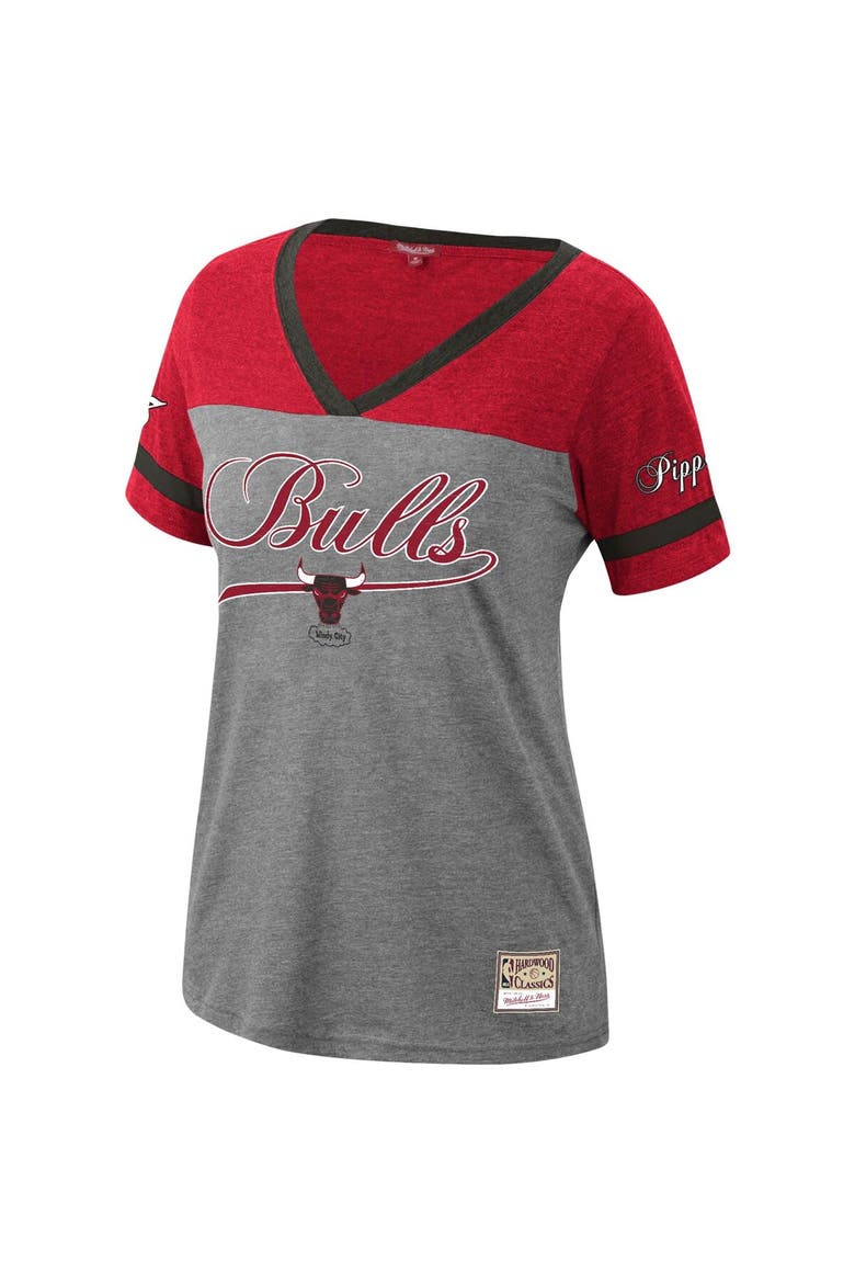 Women's Mitchell & Ness Scottie Pippen Heathered Charcoal Chicago Bulls Team Captain V-Neck T-Shirt, Alternate, color, Heather Charcoal