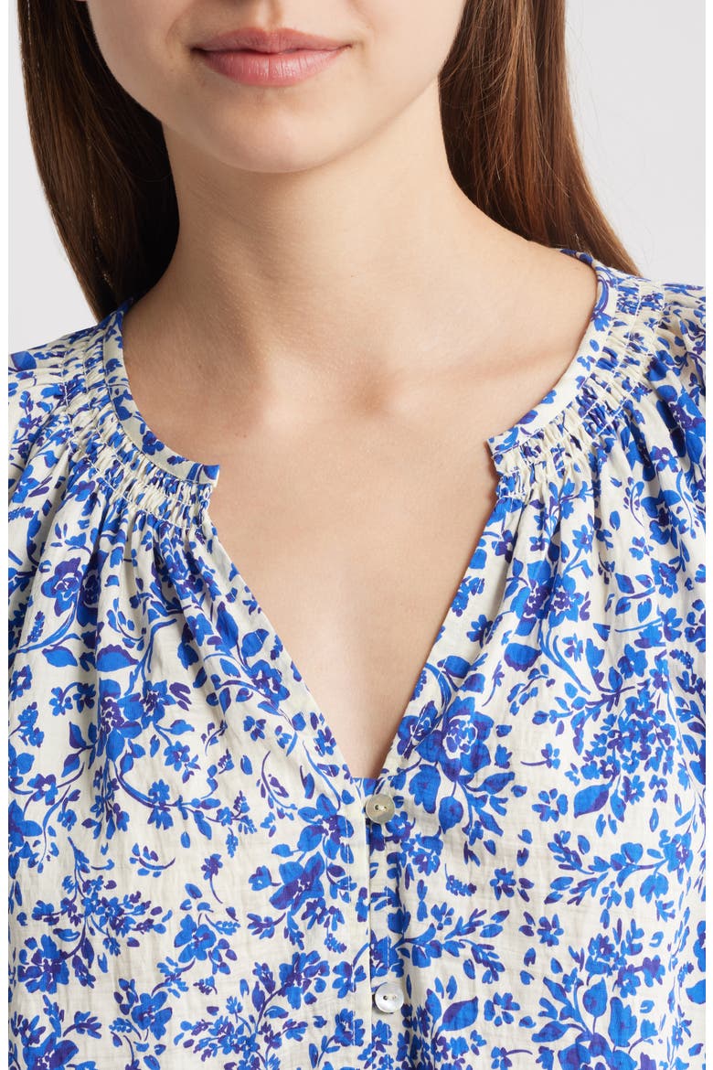 Mariah Floral Smocked Button-Up Peasant Top, Alternate, color, BLUE MARGUERITE