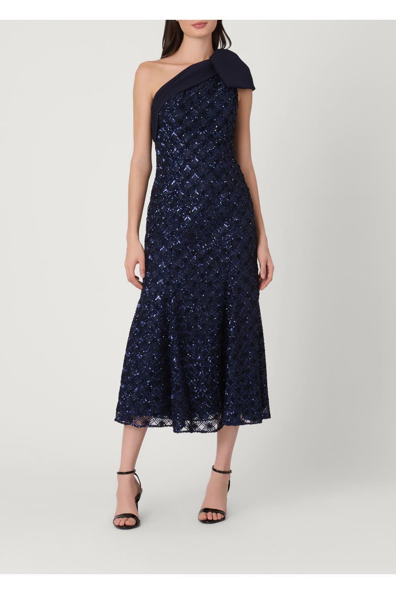 Midnight Diamond Sequin Mesh Selina Dress, Main, color, Navy