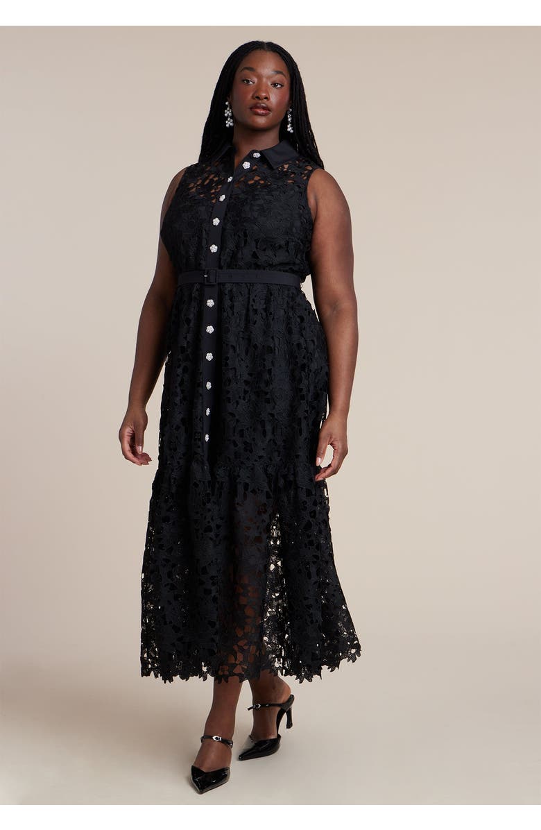 ELOQUII Lace Dress With Buttons & Collar, Main, color, Black Onyx
