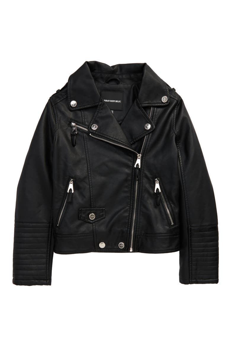 Kids' Quilted Faux Leather Moto Jacket, Main, color, BLACK