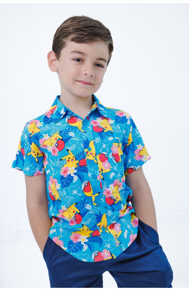 POKEMON Pikachu Short Sleeve Button Down Shirt, Alternate, color, Blue