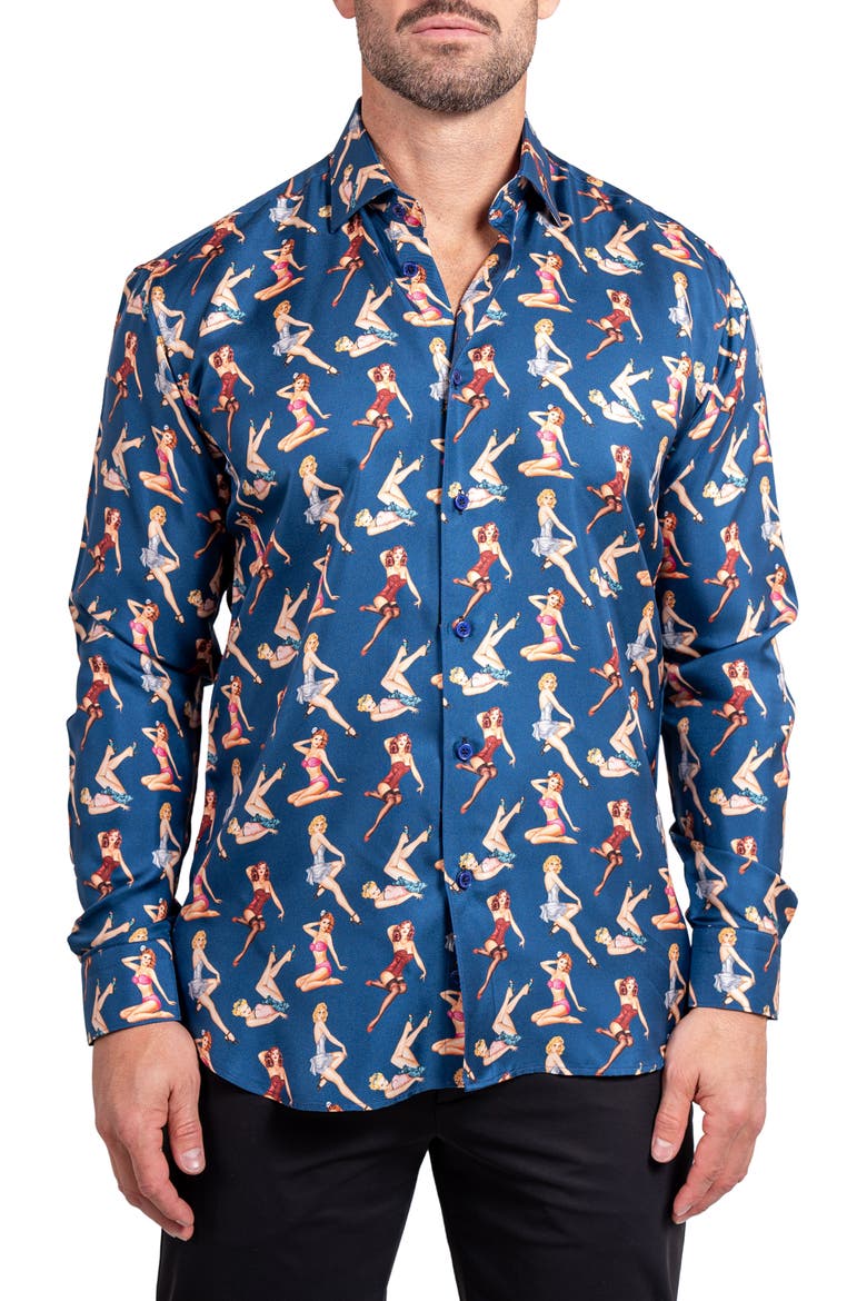 Fibonacci Ascension 0220 Pin-Up Print Contemporary Fit Button-Up Shirt, Main, color, BLUE